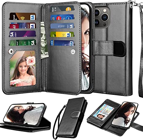 Njjex Wallet Case for iPhone 14 Pro Max 6.7" 2022, for iPhone 14 Pro Max Case, [9 Card Slots] PU Leather ID Credit Holder Folio Flip [Detachable] Kickstand Magnetic Phone Cover & Lanyard [Black]