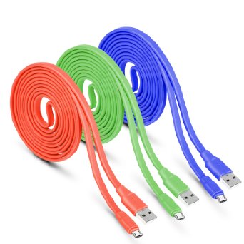 Extra Long USB Micro Cords, Magic-T 6.6ft High Speed Charger Flat Wire Tangle-Free for Samsung Galaxy S7 S6 Edge, HTC M9, LG G4, Xbox One, PS4 other Android Smart Phone (Orange&Green&Blue)