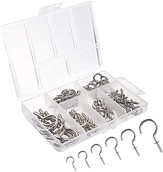 FEPITO 75 Pieces Multi-Size Nickel Plated Metal Screw-in Ceiling Hooks Cup Hook