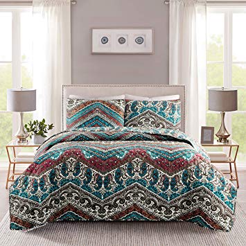 ARTALL 3 Piece Bohemia Classic Printed Quilt Coverlet Set King Size 102x86 with 2 Shams Microfiber Bedspread Sets, Boho Paisley Pattern