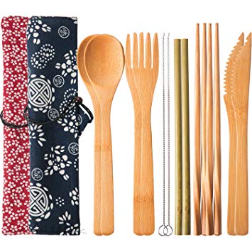 Boao Set of Reusable Bamboo Utensils Travel Cutlery Set with Case, Forks Knives Chopsticks Spoons Straws and Brushes, Camping Flatware Set