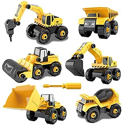 Take-Apart Trucks Construction Vehicles Excavators ，Set of 6 Bulldozer, Dump Truck, Drilling Truck, Road Roller, Cement Mixer 104 Pieces Toy & DIY Building Play Set for Kids Age 3