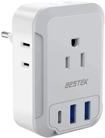 BESTEK European Travel Plug Adapter, Canada US to Europe Plug Adapter with 1 USB C, 2 USB Ports, and 4 CA/US Outlets, 7-in-1 Travel Adapter to Most of Europe (Type C)