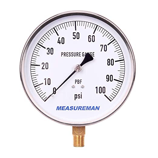 MEASUREMAN 304 Stainless Steel Case, Lead Free Contractor Pressure Gauge, 0-100Psi, 4-1/2" Dial Size, 1% Accuracy, 1/4" NPT Lower Mount
