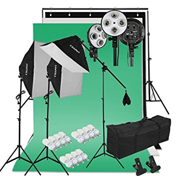 CRAPHY 2000W Professional Photography Studio 4-Socket Softbox Continuous Lighting Kit with Backdrop Stand, Background(Green,White,Black), 45w Lamp, Light Stand, Holder Kit and Portable Bag UK Plug