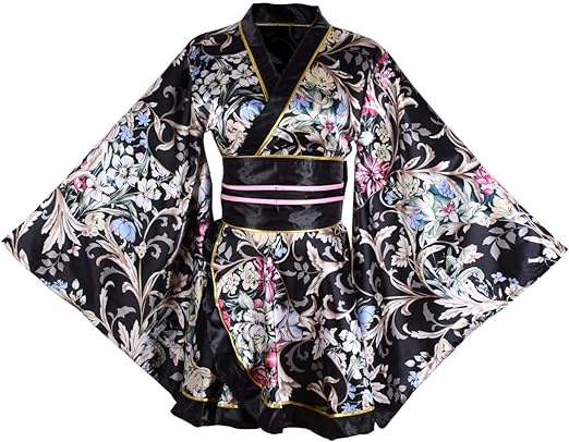 Wraith of East Kimono Costume Adult Japanese Geisha Yukata Floral Patten Gown Blossom Bathrobe Sleepwear With Obi Belt