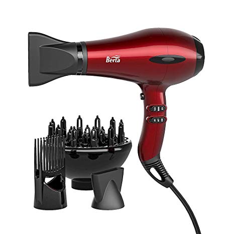 BERTA 1875W Tourmaline Ceramic & Negative Ionic Hair Dryer, 2 Speed 3 Heat Settings Cool Button with 4 Attachments, Professional Blow Dryer