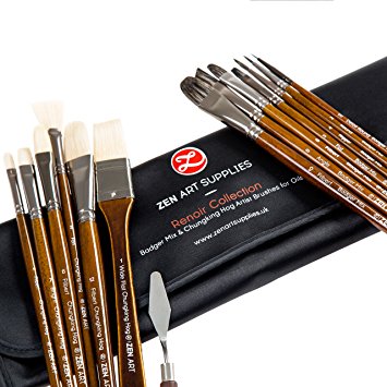 Top Quality Artist Paint Brush Set (14-Pieces) for Oil, Acrylic, Gouache and Watercolor Painting – Chungking Hog and Badger & Japanese Mix, Long Handled, in Posh Case – Renoir Collection by ZenArt