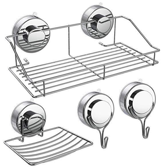 Ouddy Set of 4 Shower Caddy/Soap Dish/Bath Hook, Strong Suction Cup Bathroom Caddy Organizer Kitchen Storage Basket for Shampoo, Conditioner, Soap - Rustproof Stainless Steel