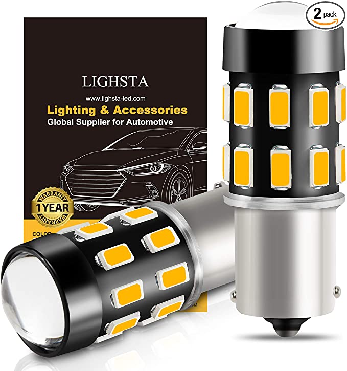 1156 LED Bulbs, LIGHSTA Super Bright 24-SMD Non-Polarity 1073 1141 7506 BA15S LED Bulbs with Projector for Turn Signal Blinker Lights, Side Marker Lights, Amber Yellow(Pack of 2)