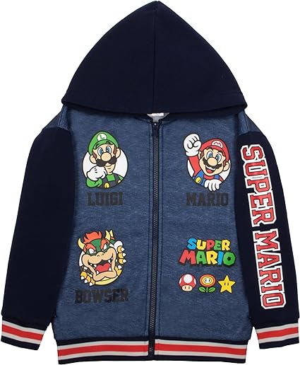 Nintendo Super Mario Graphic Boys Hooded Fleece Varsity Jacket for Kids and Toddlers