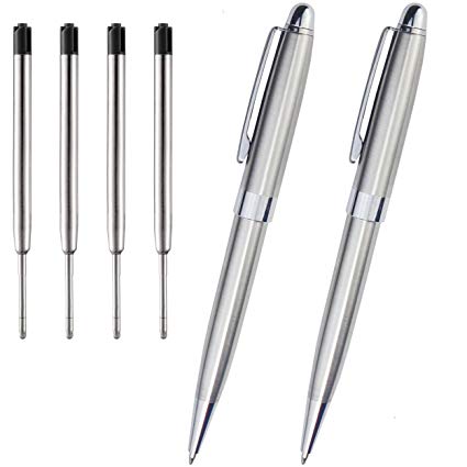 Obacle Ballpoint Pens with Black Ink Medium Ball Point 1.0mm Smooth Writing Grip Metal Pens Retractable Executive Business Office Fancy Nice Gift Pen for Men Women (Silver, 2 Pack 4 Refills)