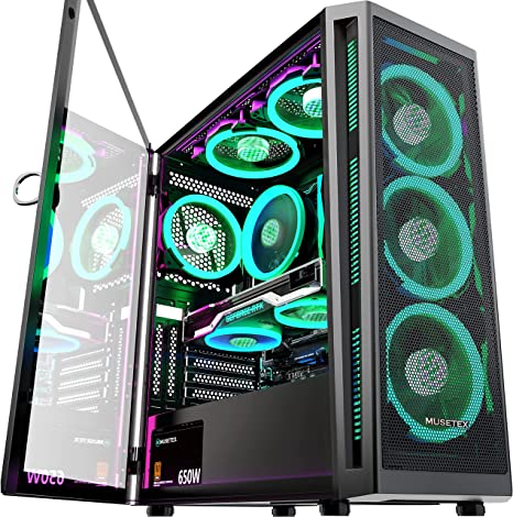 MUSETEX ATX PC Case Pre-Install 6 PWM ARGB Fans, Mid Tower Gaming Case with Opening Tempered Glass Side Panel Door, Mesh Computer Case, TW8