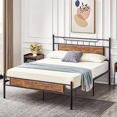 VECELO Full Size Bed Frame with Wooden Headboard, Metal Platform Bed Frame with Footboard,No Box Spring Needed,Sturdy Steel Structure,14 Strong Steel Slat Support, Easy Assembly/Brown