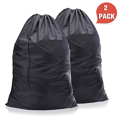 WEHE Laundry-Bag-Nylon-Drawstring-Washable Bags, 2 Pack Waterproof Ripstop Laundry Bag Portable Drawstring Closure, Enough Storage Fit All Clothes,Home Laundry Washable Black Bag (New Black)
