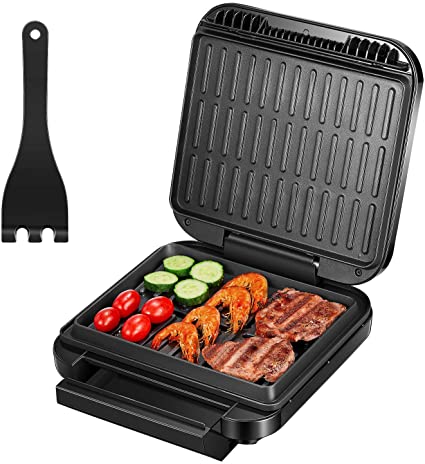 Deik 2 in 1 Electric Indoor Grill & Panini Press Grill, 1200W Smokeless Grill with Double-Sided Heating Plates, Thermostat Control, Easy-to-Clean Nonstick Plate, Extra-Large Drip Tray, Spatula, Black