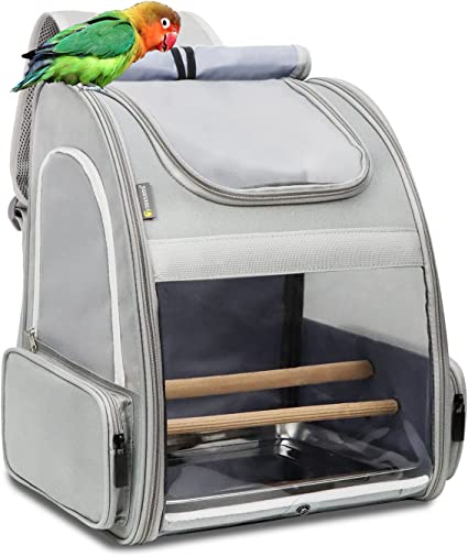 Texsens Bird Carrier Backpack - Pet Travel Cage with Stainless Steel Tray and Standing Perch, Breathable & Portable, for Small Birds, Green Cheek, Cockatiel, Parrot (Grey) (T-F-411)