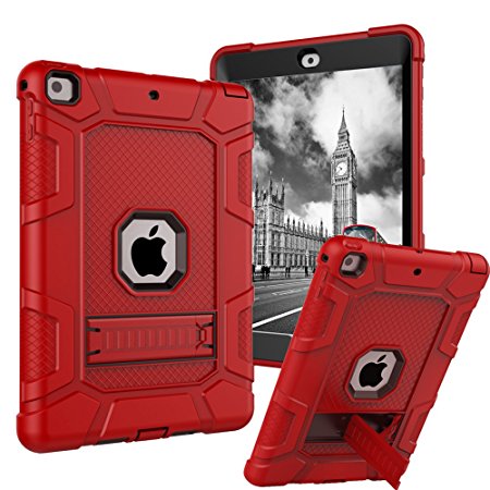 iPad 2017 9.7 Inch Case, Dake 3-Layer Kickstand Defender Heavy Duty Shockproof Full-body Protective Case for Apple New iPad 9.7 Inch 2017 Release Red