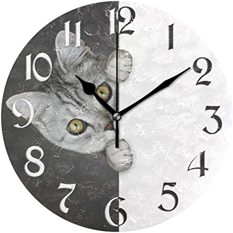 Naanle Animal Cat Kitten Round Wall Clock, Black and White Silent Non Ticking Wall Clocks Battery Operated for Home Office School Decor