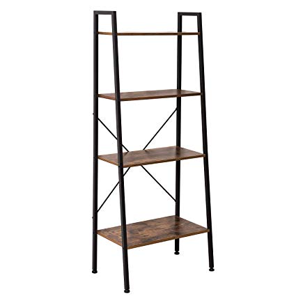 IRONCK Bookshelf, 4-Tier Ladder Shelf, Storage Shelves Rack Shelf Unit, Wood Look Accent Furniture Metal Frame, Vintage Home Office Furniture for Bathroom, Living Room, Rustic Brown