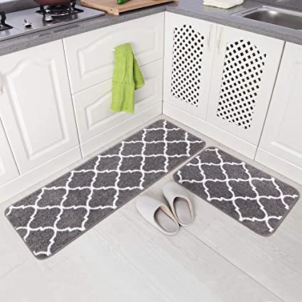 Carvapet 2 Pieces Kitchen Mat Rug Microfiber Non-Slip Moroccan Trellis Kitchen Floor Mat Soft Bath Rug Doormat Runner Carpet Set (Grey)