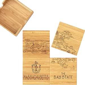 Totally Bamboo Massachusetts State Puzzle 4 Piece Bamboo Coaster Set with Case