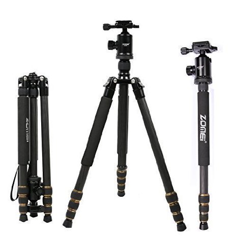 ZOMEi® Q666C (Updated Version) Professional Compact Travel Portable Carbon Fiber Camera Tripod Monopod with Ball Head Quick Release Plate and Tripod Bag