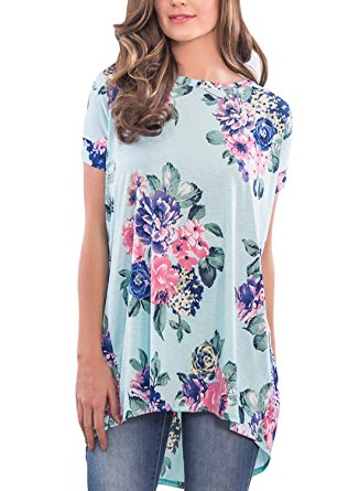 FARYSAYS Women's Loose Floral Print Short Sleeve High Low Criss Cross Back Tunic T-Shirt Blouse Top