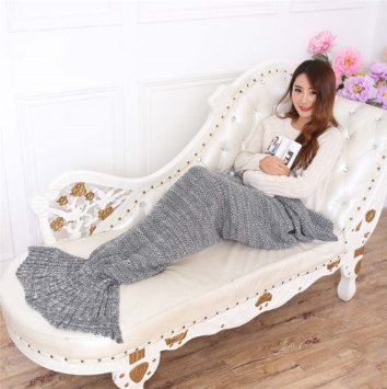 Mermaker ® All Seasons Knitted Mermaid Tail Blanket Adult/Teen Tails ,Sofa Sleeping Bag Mermaid Blanket for Adult Gray 75"x34" 1.98 LB