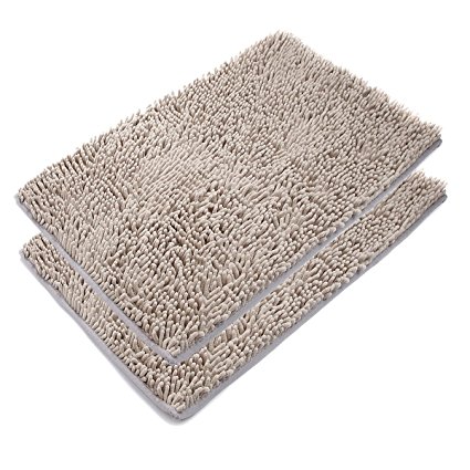 VDOMUS Absorbent Microfiber Bath Mat Soft Shaggy Bathroom Mats Shower Rugs - 2 Pieces (Beige/Khaki)