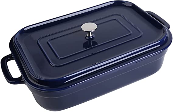 Lasagna Pan Deep with Lid for Oven Safe, 4.5 QT Large, 9x13 Christmas Ceramic Baking Dishes with Lids, Bodaon Nonstick Casserole Dish/Bakeware/Stoneware for Kitchen, Rectangular, Dark Blue