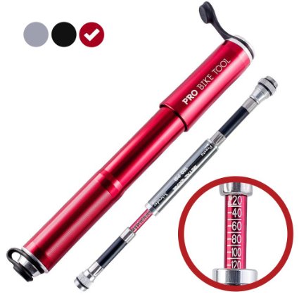 Mini Bike Pump with Gauge by PRO BIKE TOOL - Presta & Schrader Valve Compatible - Reliable, Quick & Easy Bicycle Tire Pump for Road, Mountain & BMX Bikes - High Pressure 120 PSI - Frame Mount Kit