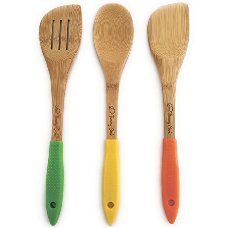 3 Piece Bamboo Cooking Utensil Set By Timmy Cook: Eco Friendly Bamboo Wood Spoons For Serving, Mixing And Turning, With Colorful Ergonomic Silicone Handles, FDA Certified, Non Stick Kitchen Tools