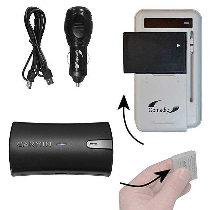 Gomadic Compact Multi External Battery Charge System designed for the Garmin GLO. USB, Car and Wall charging connections