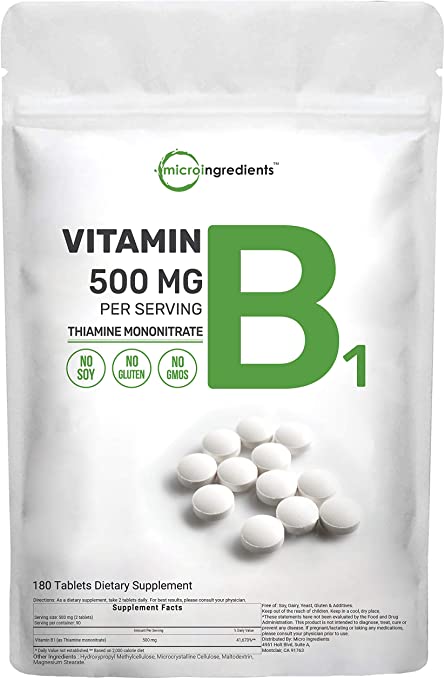 Micro Ingredients Vitamin B1 Thiamine Supplements, 500mg Per Serving, 180 Tablets, Promote Energy Production and Nervous System Health, No GMOs, No Soy