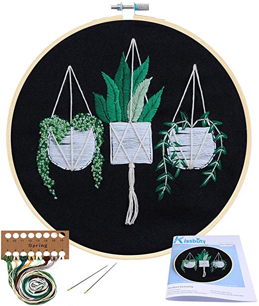 Full Range of Embroidery Starter Kit with Pattern, Kissbuty Cross Stitch Kit Including Stamped Embroidery Cloth with Pattern, Bamboo Embroidery Hoop, Color Threads and Tool Kit (Hanging Plants)