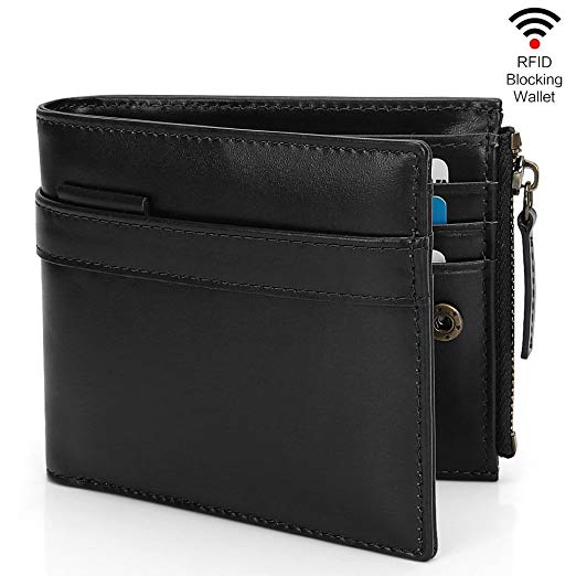 Bifold Wallet for Men Slim RFID&NFC Blocking Soft Leather Wallet Credit Card Holder Coin Pocket Purse with 14 Card Slots,1 ID Window,2 Money Slots,and 1 Zipper Section to Store Coins Keys(Black)