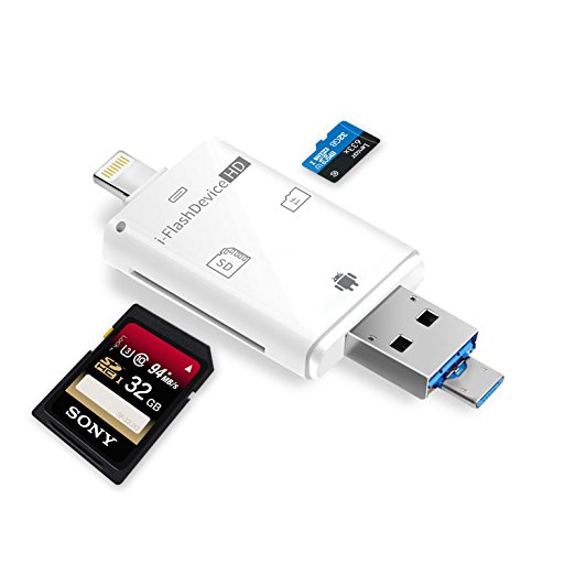 SD Card Reader,AQQEF 3 in 1 SD Card Adapter with Lighnting/Micro USB/USB Support SD/Micro SD;Computer Memory Card Reader for iPhone/iPad/Mac/PC/OTG Android/Digital Cameras(White)