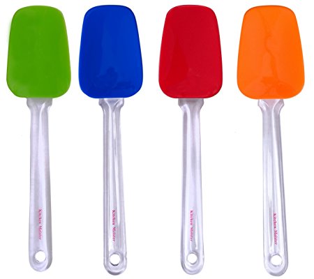 Silicone Kitchen Cooking Utensil Spatula Set, 10 Inch, with Crystal-like Plastic Handles. Set of 4, Asst Colors