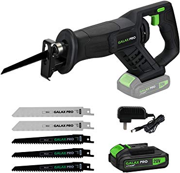 Reciprocating Saw, GALAX PRO 20V Cordless Li-ion Reciprocating Saw with Fast Charger, Tool-free Blade Change and Variable Speed, 3pcs 6-inch Wood Saw Blade & 2pcs 6-inch Metal Saw Blade