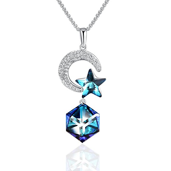 PLATO H Star & Moon Lovers Pendant Necklace for Women with Swarovski Crystal Fashion Jewelry Blue, 18"
