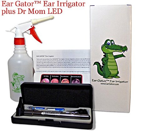 Ear Wax Removal Kit - Ear Gator Ear Irrigator plus Third Generation Dr Mom LED OTOSCOPE plus Lighted EAR CURETTES