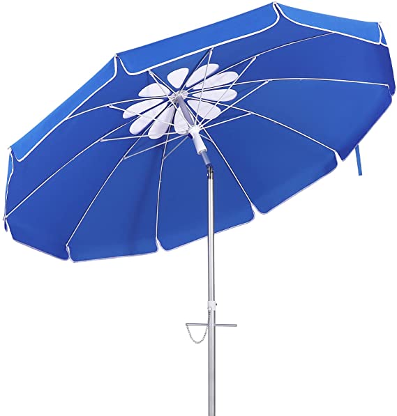 CLISPEED 6.5FT Beach Patio Umbrella Outdoor UV 50  Protection Sunshade Umbrella with Sand Achor Tilt Aluminum Pole Carry Bag for Patio Lawn Garden Backyard Pool Beach(Dark Blue)