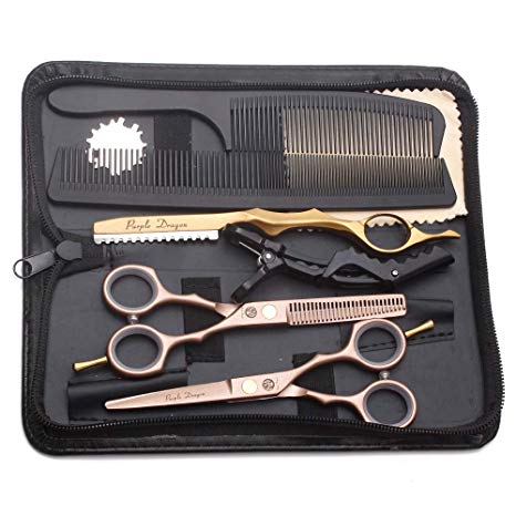 5.5 inch Hair Cutting Scissors Set with Razor, Leather Scissors Case, Barber Hair Cutting Shears Hair Thinning/Texturizing Shears for Professional Hairdresser or Home Use (Rose Gold)