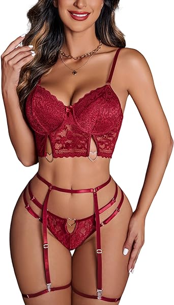 Avidlove Lingerie Set for Women with Underwire Sexy Garter Lingerie Strappy Floral Lace Bra and Panty Set