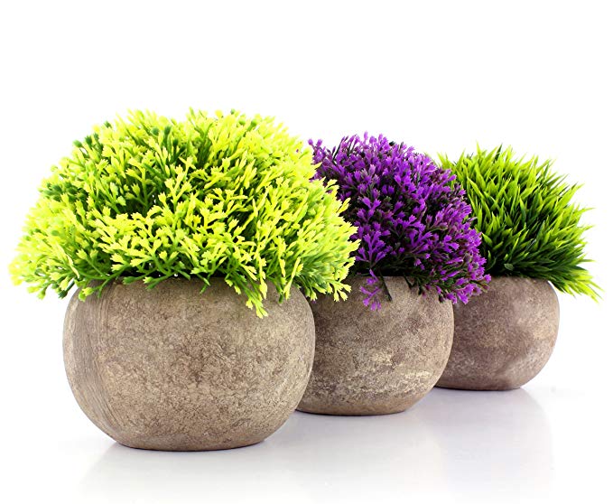 Mini Artificial Topiary Shrubs in Cement Style Pots (Set of 3); Faux Flowers & Plants in Round Grey Potted Arrangement for Decorating