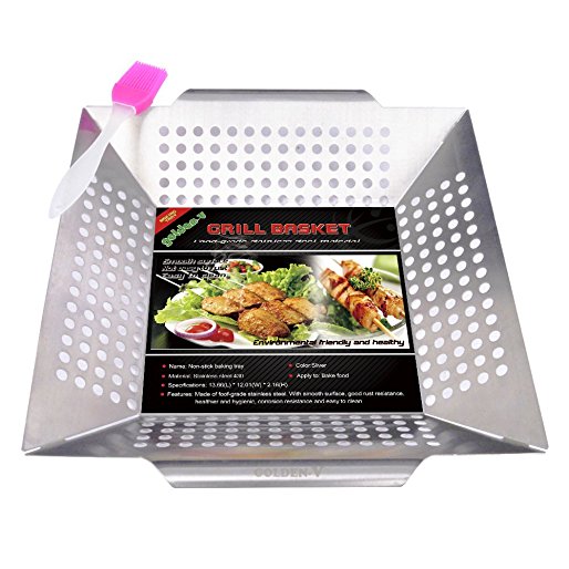 Golden V Stainless Steel Nonstick Grill Basket for Vegetable Fish Shrimp Chicken Seafood with Silicone BBQ Brushes