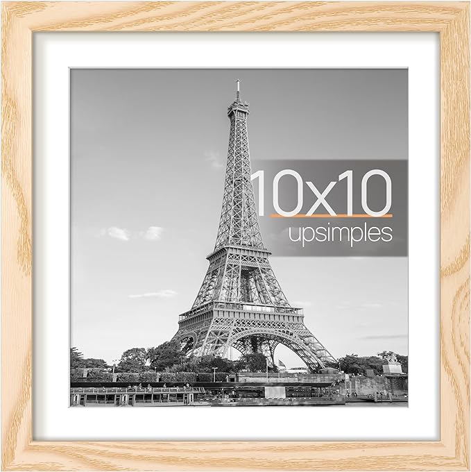 upsimples 10x10 Picture Frame, Display Pictures 8x8 with Mat or 10x10 Without Mat, Wall Hanging Photo Frame, Natural, 1 Pack