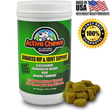 Premium Hip and Joint Dog Treats by Active Chews - Includes Glucosamine for Dogs, Chondroitin MSM and Turmeric for Dogs - Extra Strength Supplement with Arthritis Pain Relief for Dogs