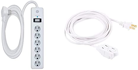 GE 6 Outlet Surge Protector, 10 Ft Extension Cord, Power Strip, 800 Joules, Flat Plug, White & 12 Ft Extension Cord,3 Outlet Power Strip, 2 Prong, 16 Gauge, Twist-to-Close Safety Outlet Covers, White